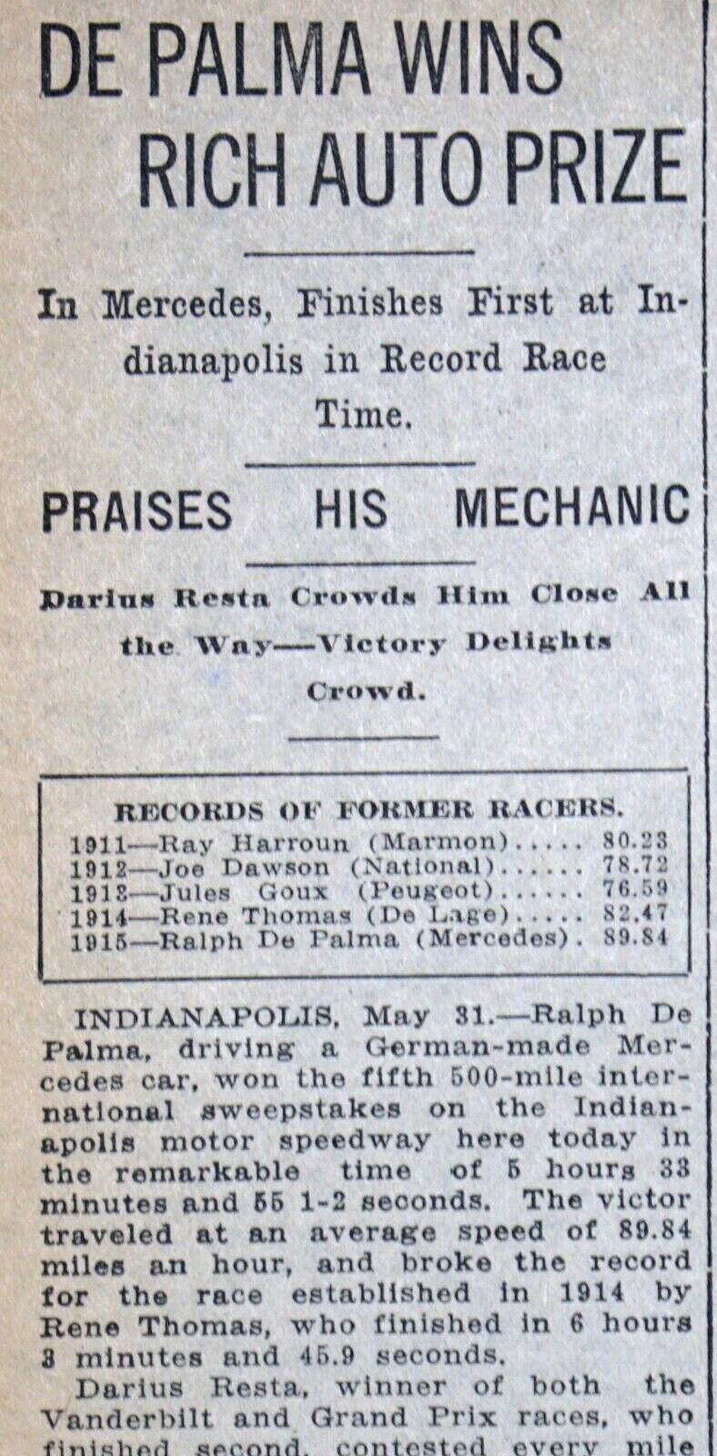 1915 Spokane Sports Page – Ralph De Palma Wins Indianapolis 500 Race