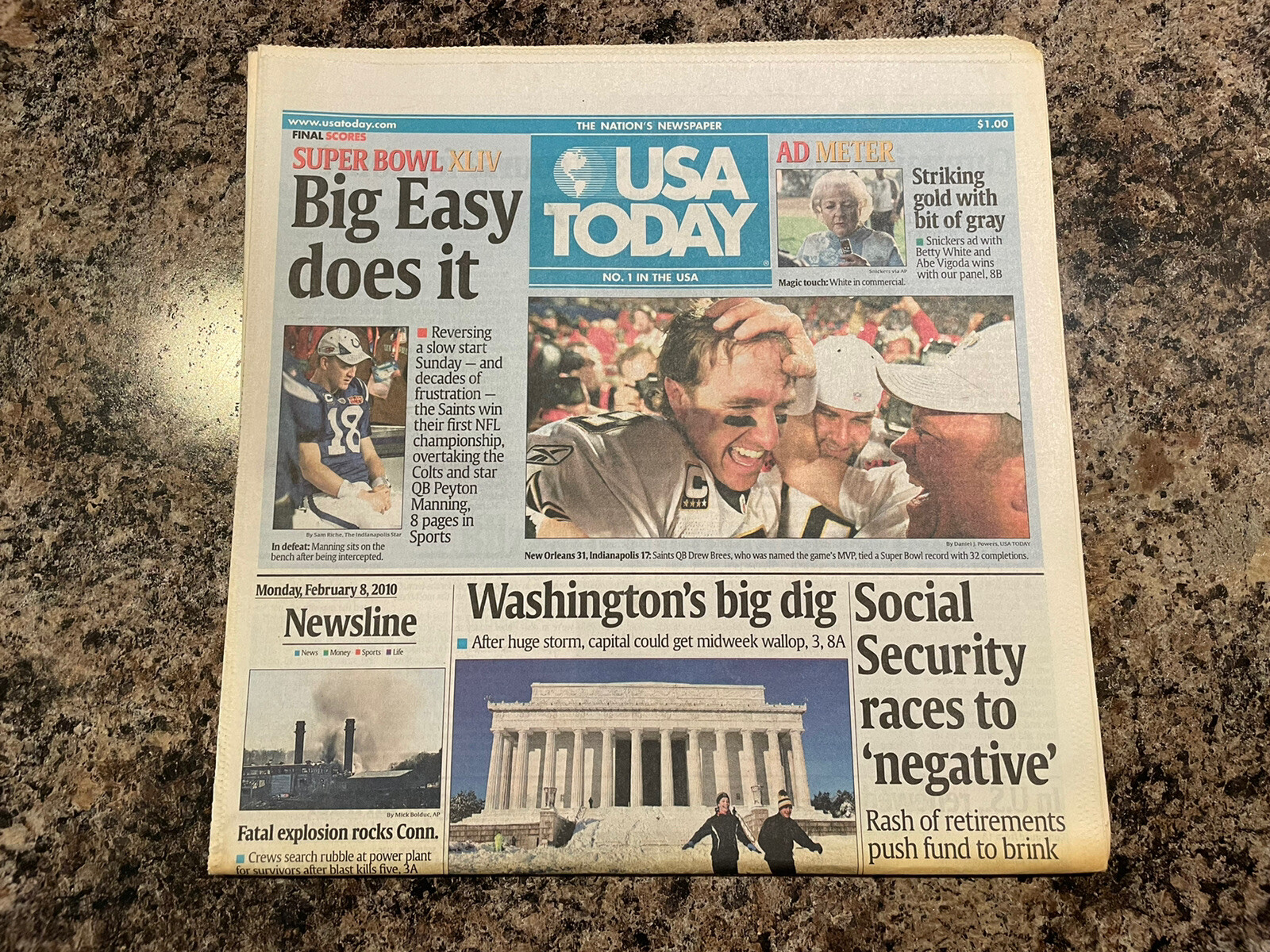 2010 New Orleans Saints Super Bowl Newspaper. Drew Brees. USA Today