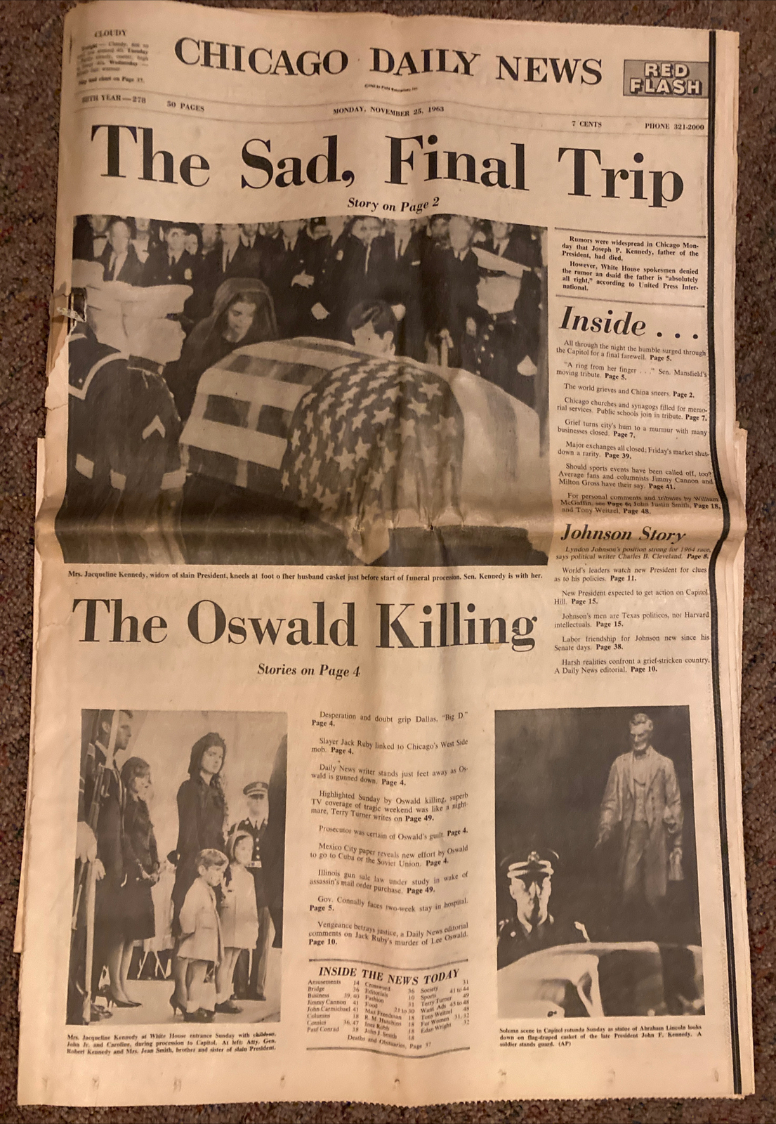 Nov 25 1963 JFK Kennedy Funeral Newspaper Chicago Daily News, 50 Pages paper