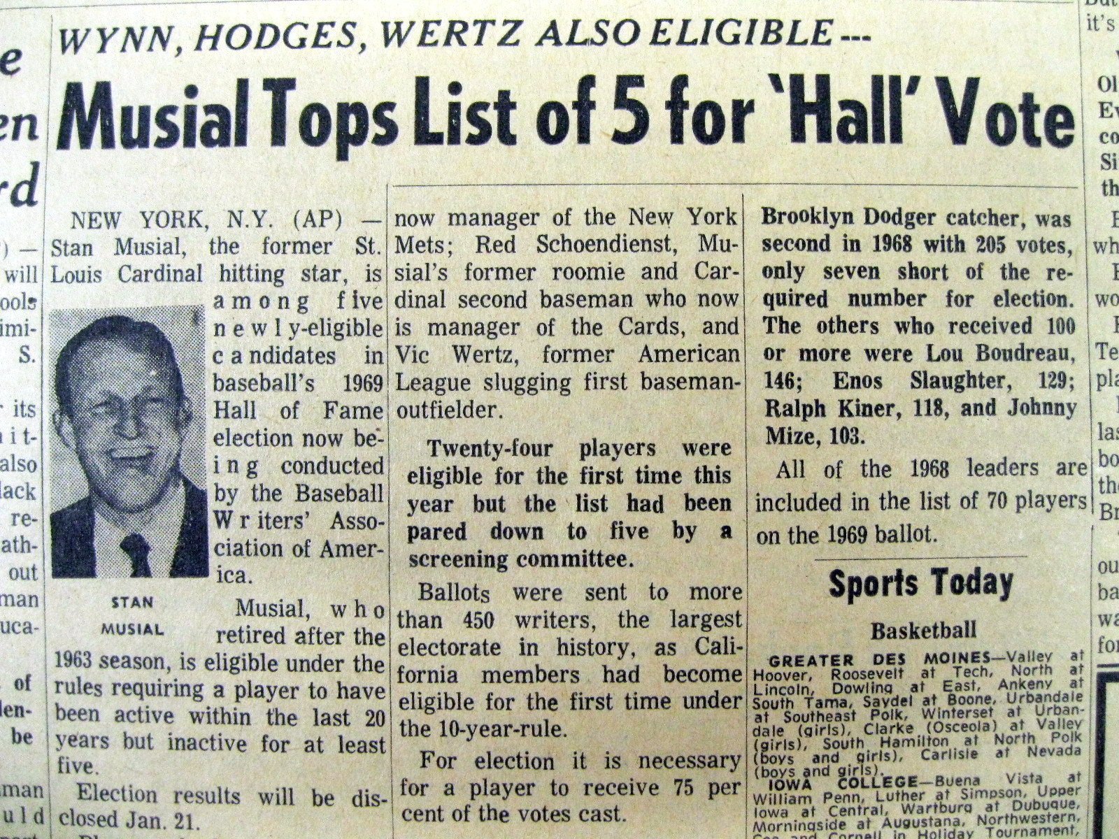 2 1969 newspapers ROY CAMPANELLA & STAN MUSIAL voted into BASEBALL HALL OF FAME