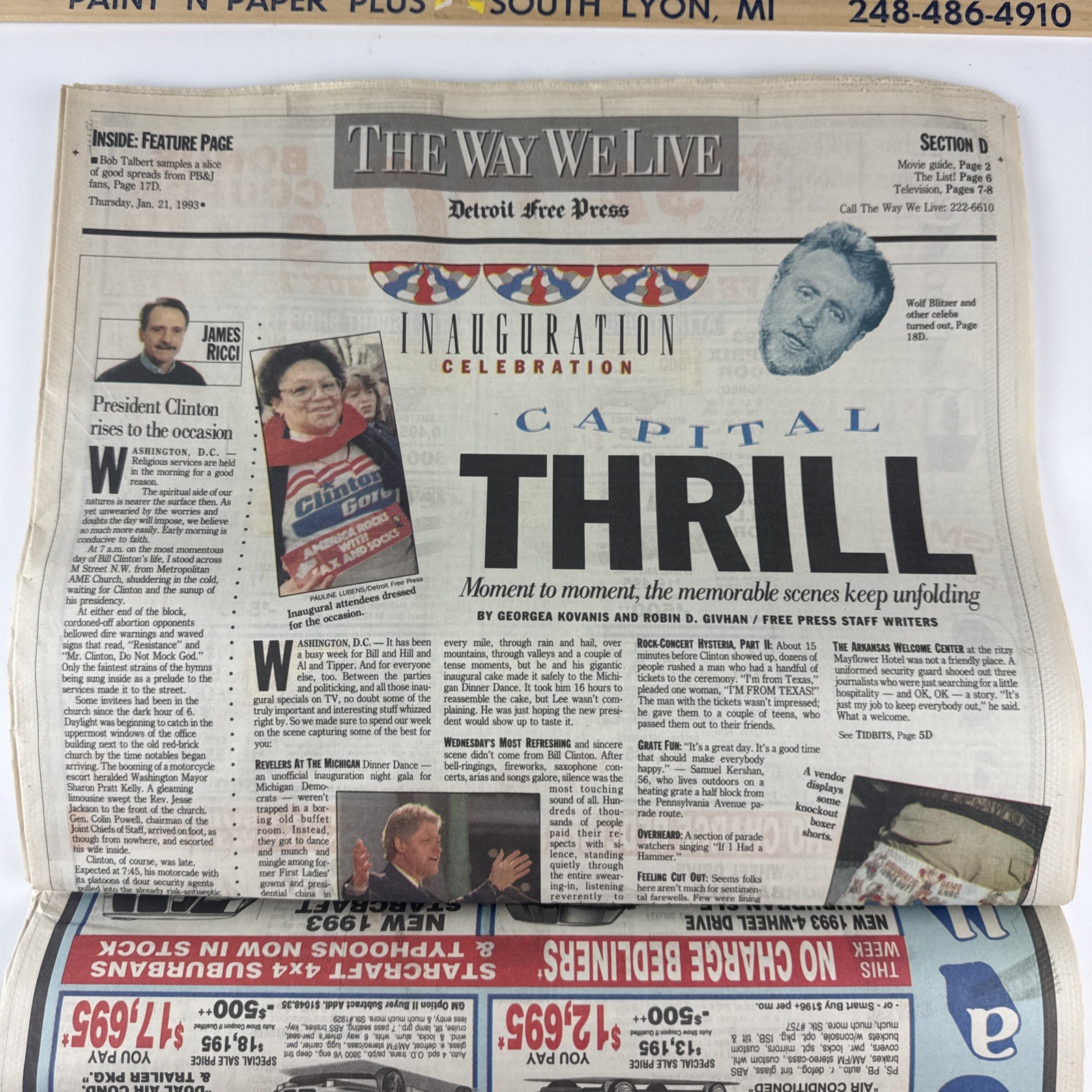 1993 Detroit Free Press Clinton Inauguration & Kevorkian Story Newspaper 1/21/93