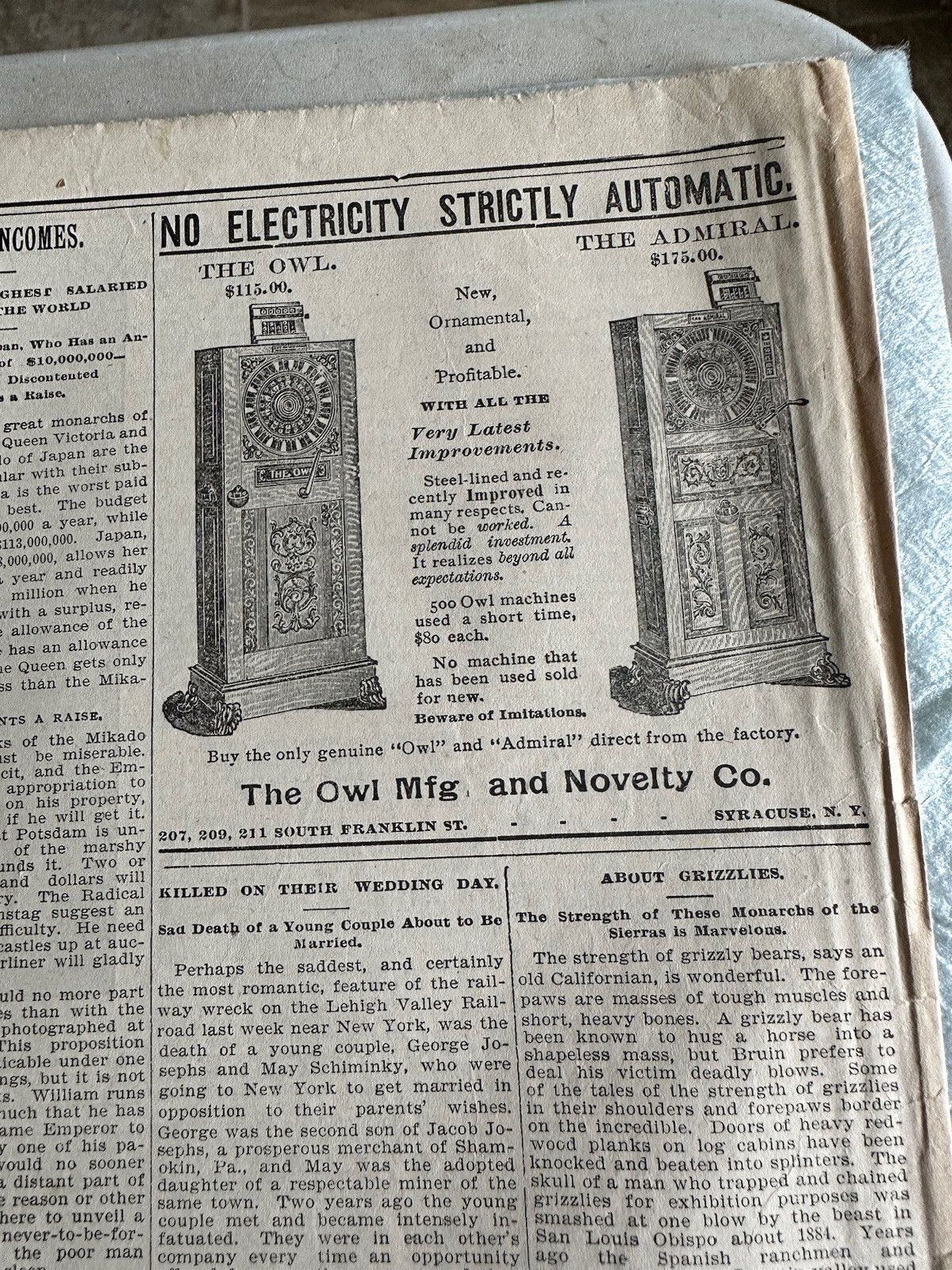 The Utica Saturday Globe January 21 1899 with Owl Novelty Vending Machines Ad
