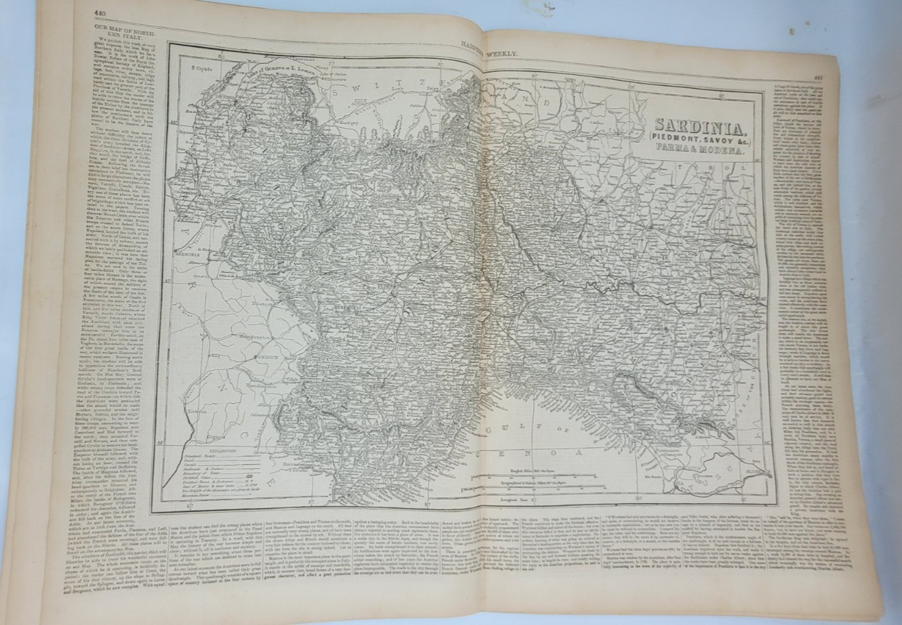 Harper’s Weekly 7/9/1859 lg map Sardinia Italy / Tale of Two Cities by Dickens