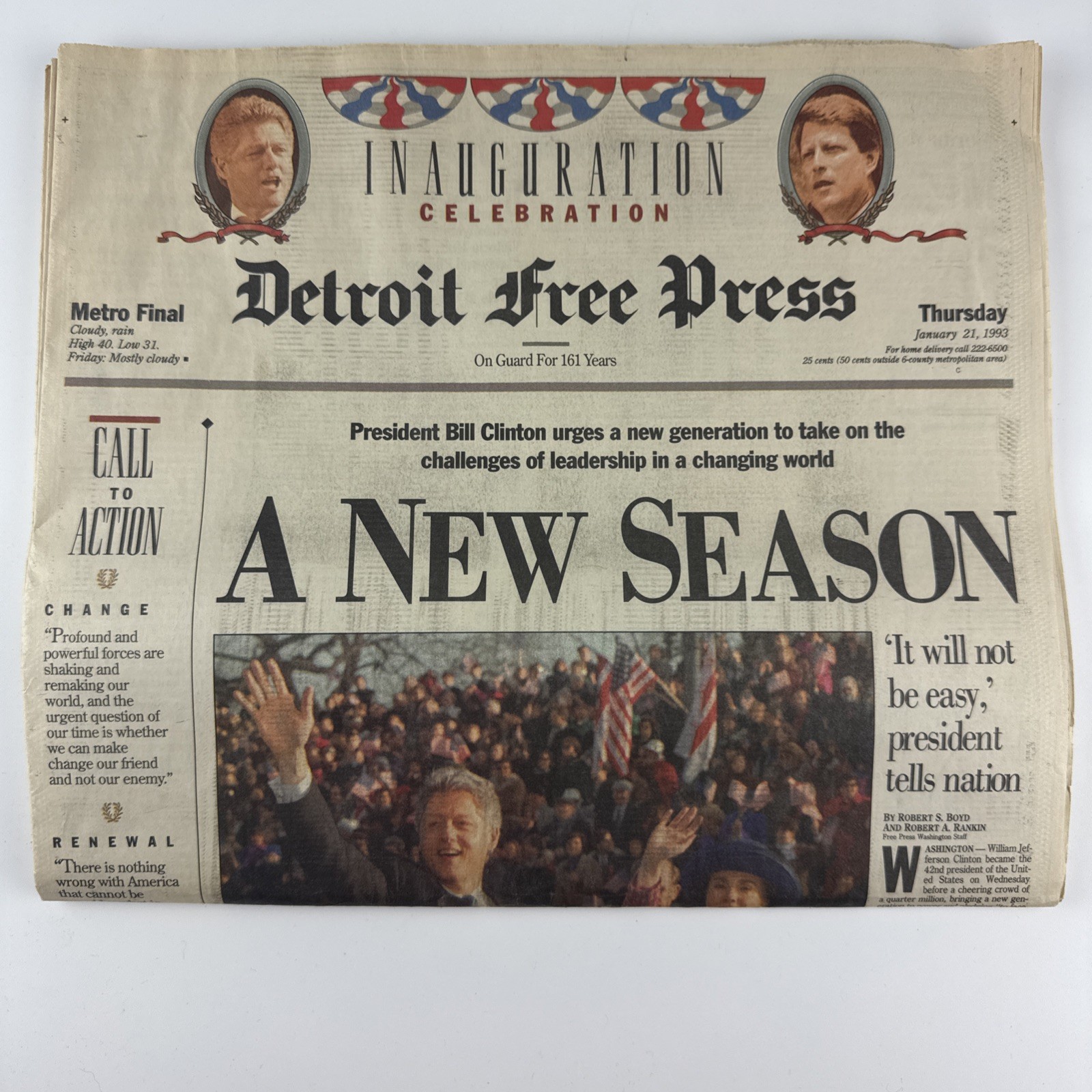 1993 Detroit Free Press Clinton Inauguration & Kevorkian Story Newspaper 1/21/93