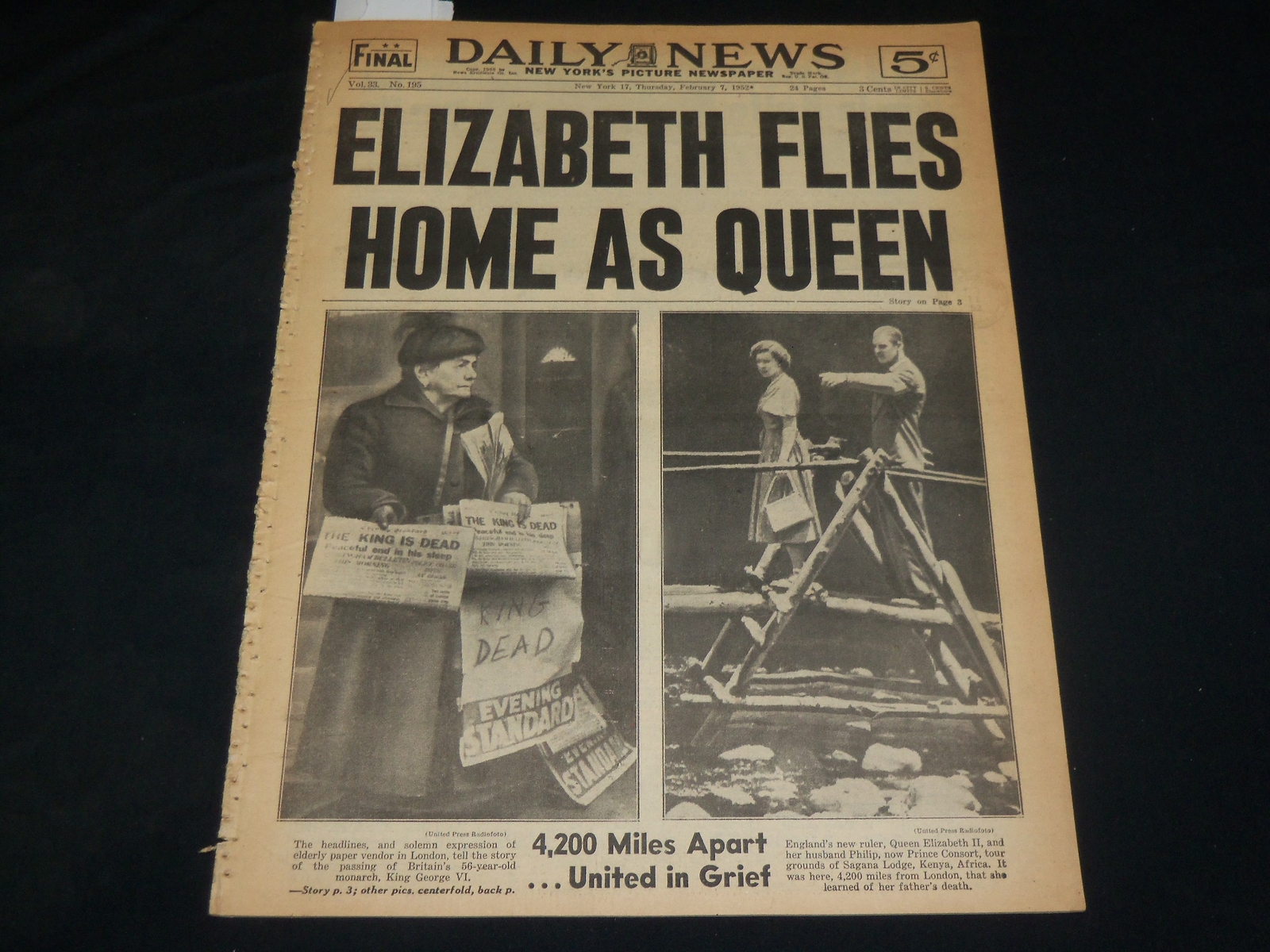 1952 FEBRUARY 7 NEW YORK DAILY NEWS – ELIZABETH FLIES HOME AS QUEEN – NP 5390
