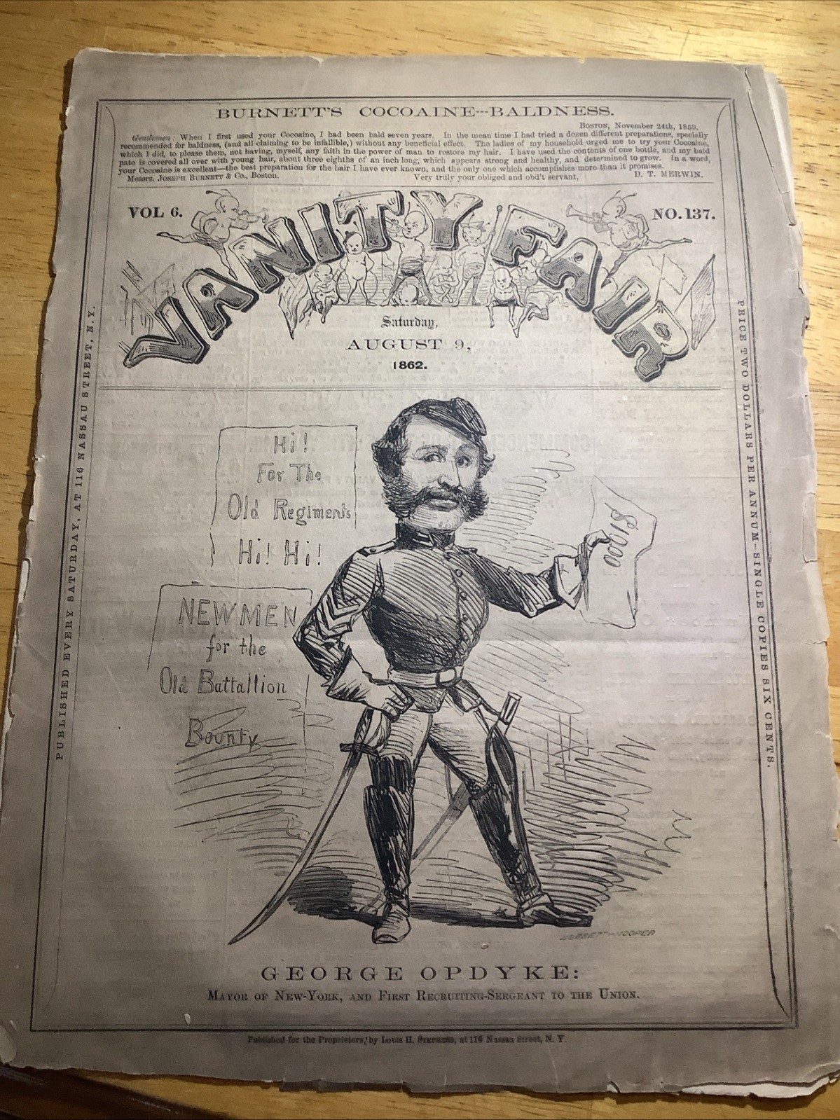 1862 RARE CIVIL WAR VANITY FAIR NEWSPAPER ~ GEORGE OPDYKE