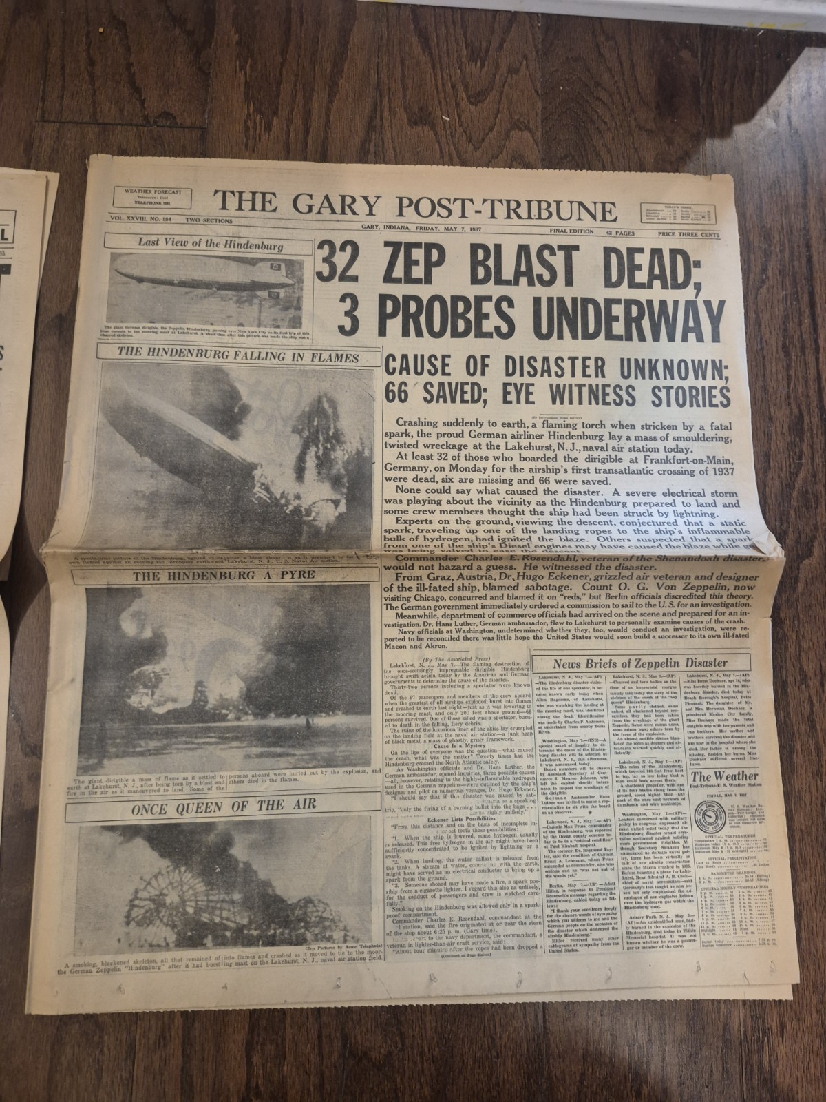 Lot of 2 extra May 7, 1937 Zep Explodes Hindenburg Chicago Daily Gary Post