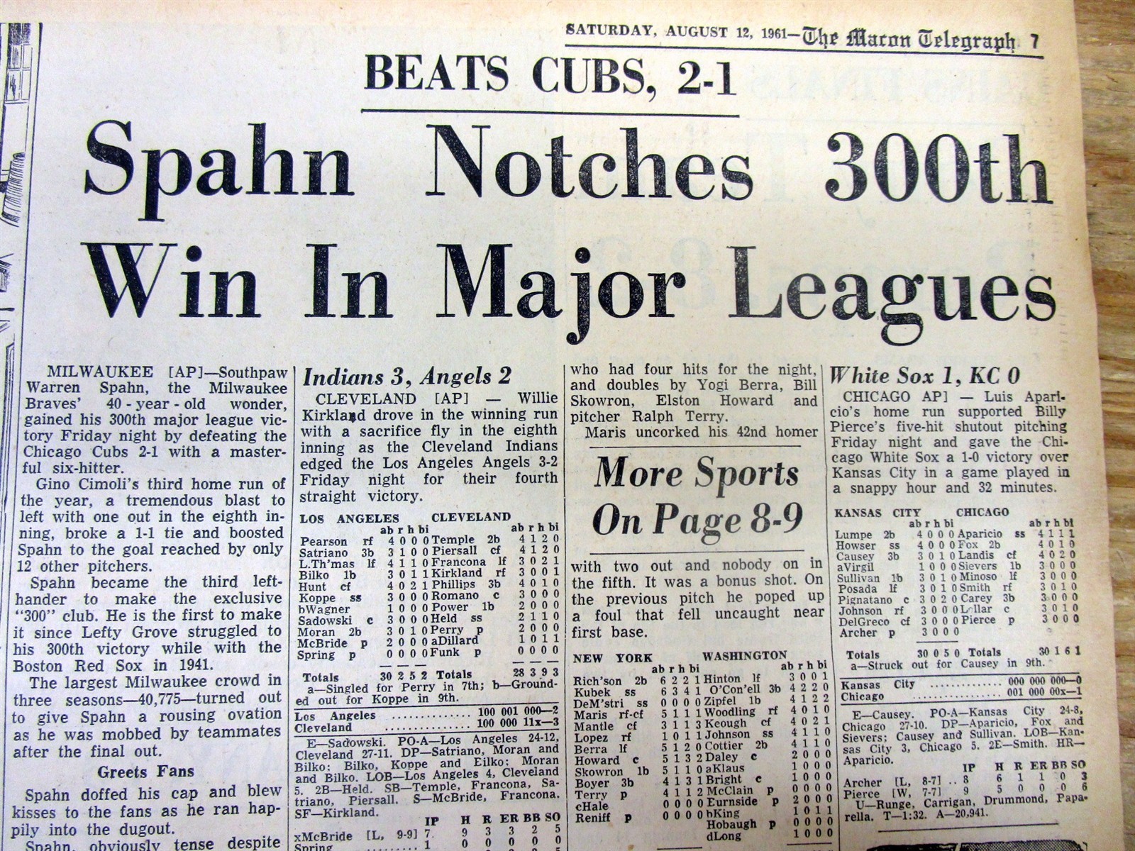 1961 newspaper MILWAUKEE BRAVES pitcher WARREN SPAHN WINS 300th ML BASEBALL GAME