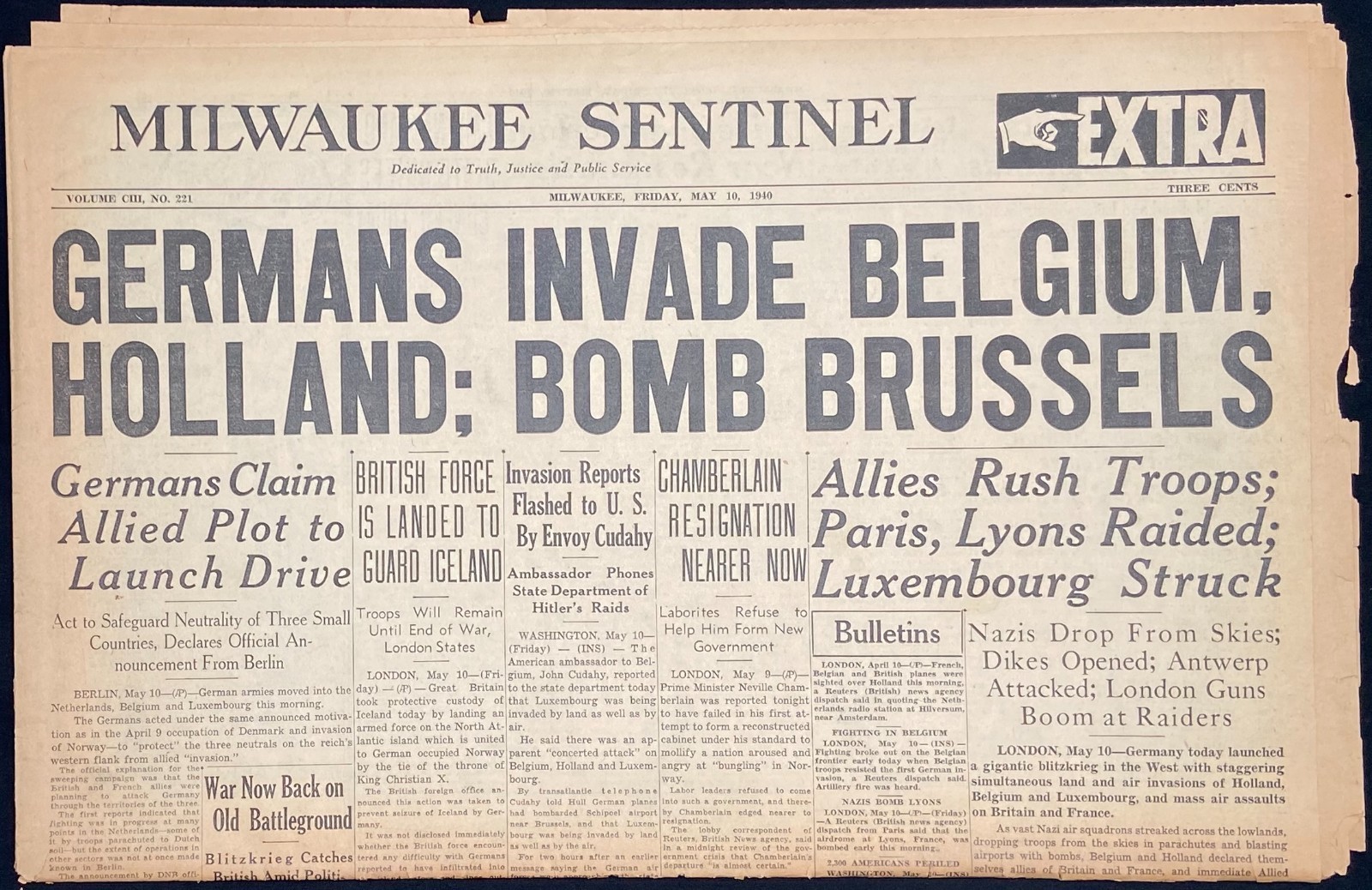 MILWAUKEE SENTINEL – May 10, 1940 GERMANS INVADE BELGIUM World War II headlines