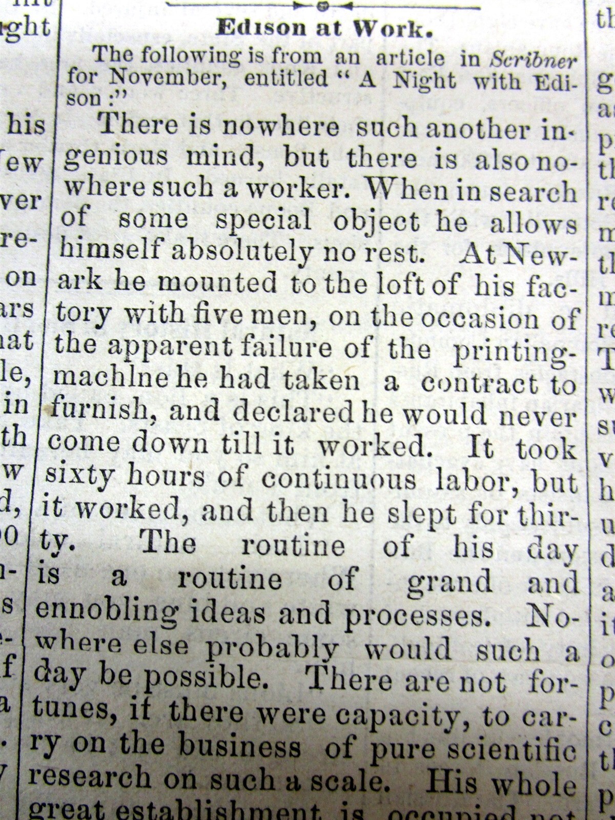 1878 newspaper with a “Day in the life” of PHONOGRAPH inventor THOMAS EDISON