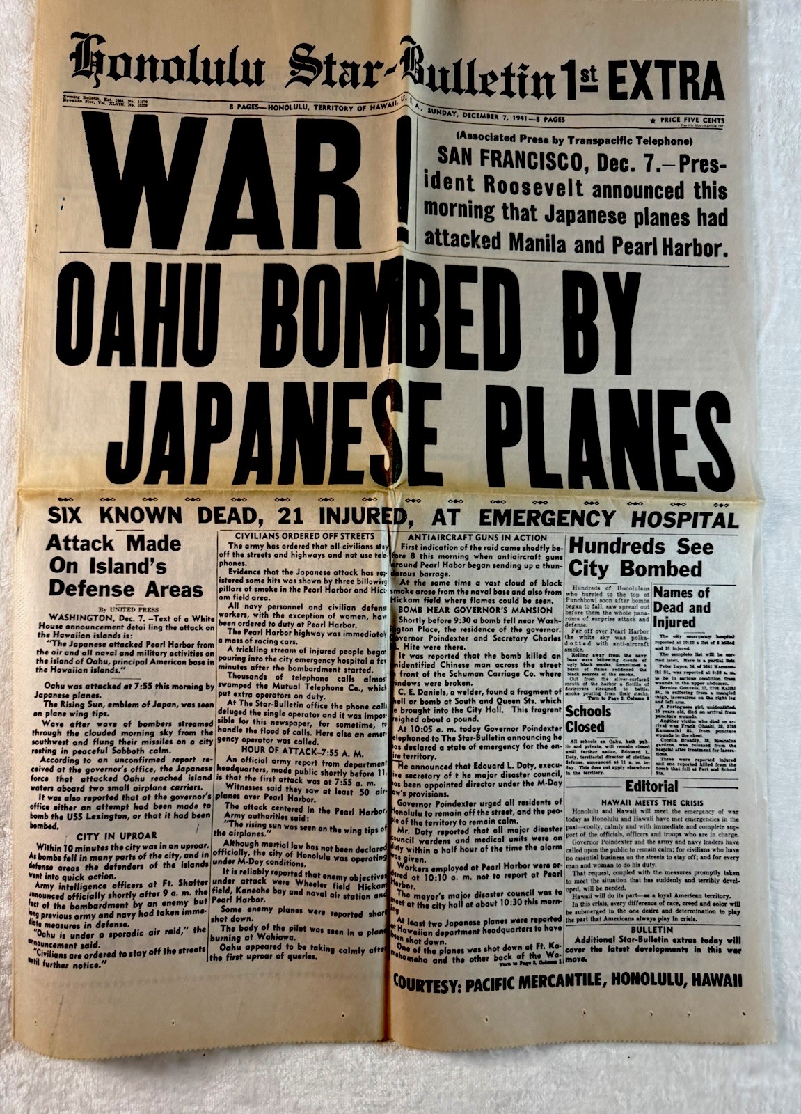 NICE ORIG HONOLULU STAR BULLETIN 1ST EXTRA XLNT NEWSPAPER DEC 7 1941 RARE RARE