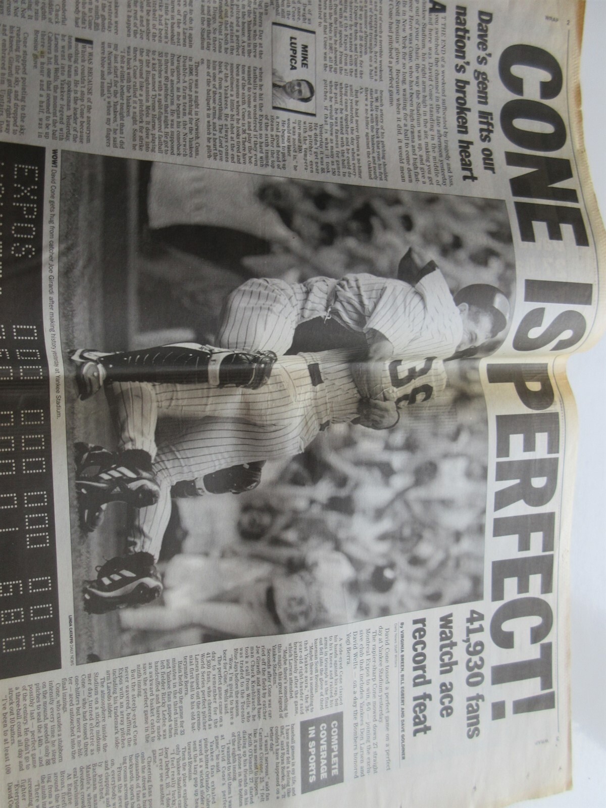 David Cone Perfect Game New York Daily News newspaper July 19 1999 JFK Jr dead