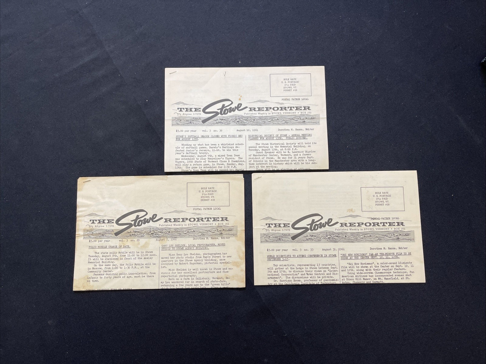 1960 Stowe Reporter Lot of 3 Issues Vintage Stowe Vermont Newspapers
