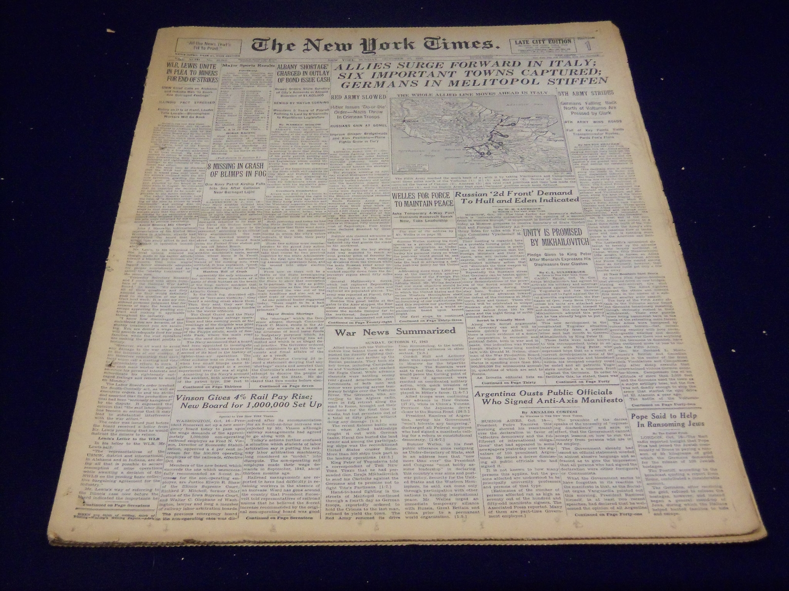 1943 OCTOBER 17 NEW YORK TIMES – ALLIES SURGE FORWARD IN ITALY – NT 1760