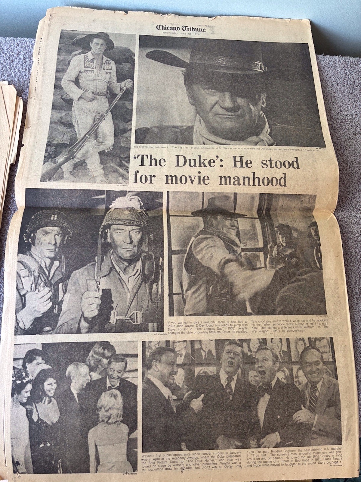 2~SECTIONS OF CHICAGO TRIBUNE NEWSPAPER RE: DEATH OF “THE DUKE” JOHN WAYNE~1979