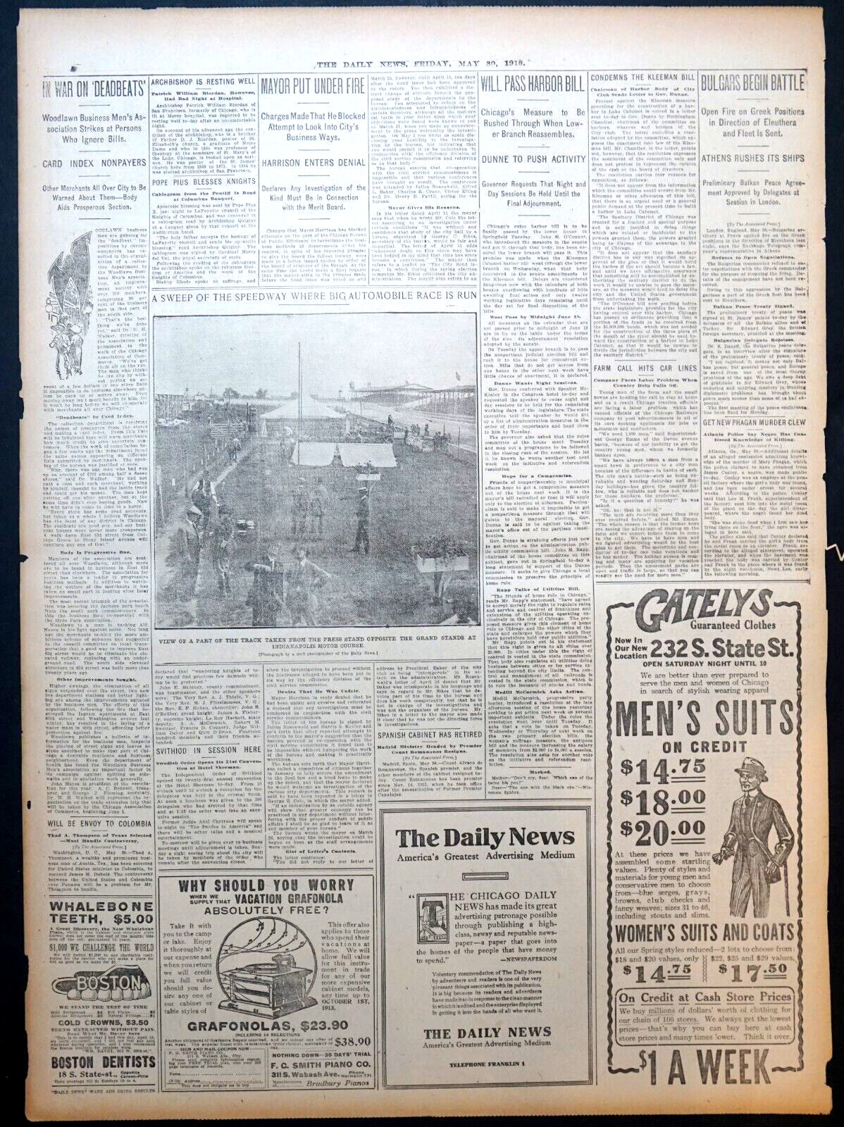 Rare 1913 Chicago Sports Pages – Albert Goux Wins 3rd Indianapolis 500 Race