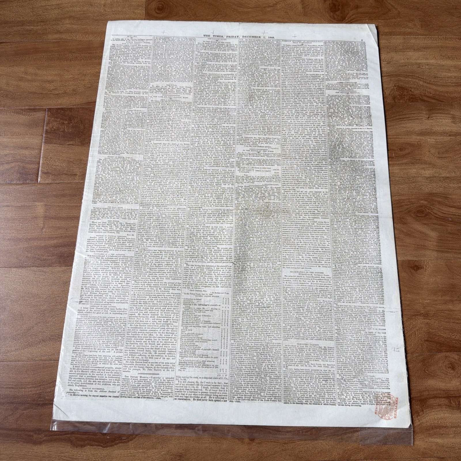 December 1 1848 THE LONDON TIMES Antique Early Victorian ORIGINAL Newspaper