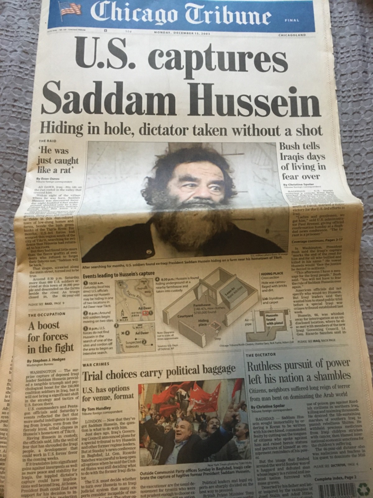 U.S. Captures Saddam Hussein Chicago Tribune Newspaper December 15,2003