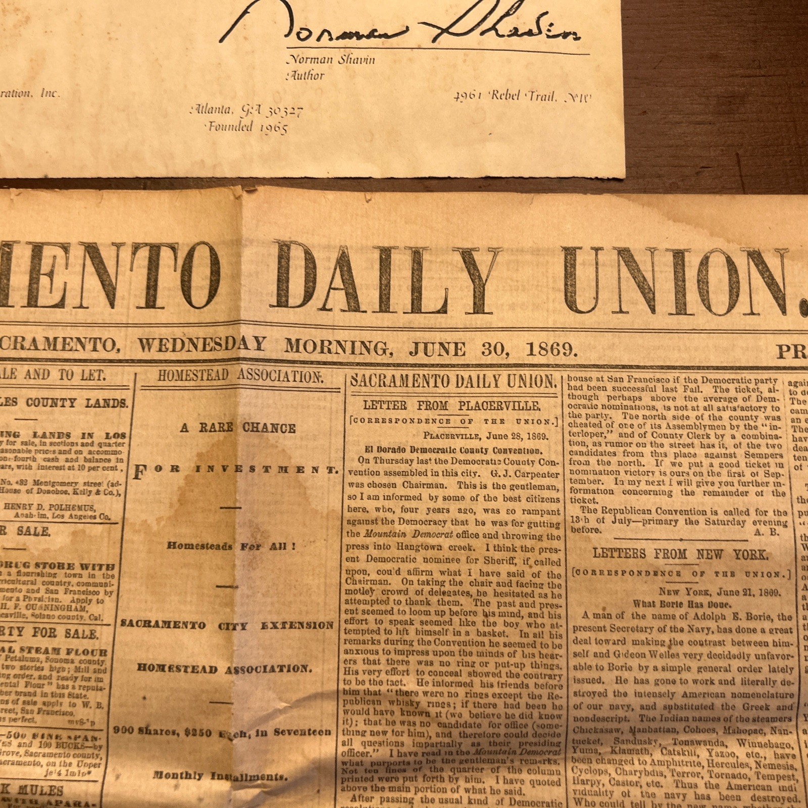 June 30th 1869 Issue of Sacramento Daily Union Newspaper Civil War Era Paper