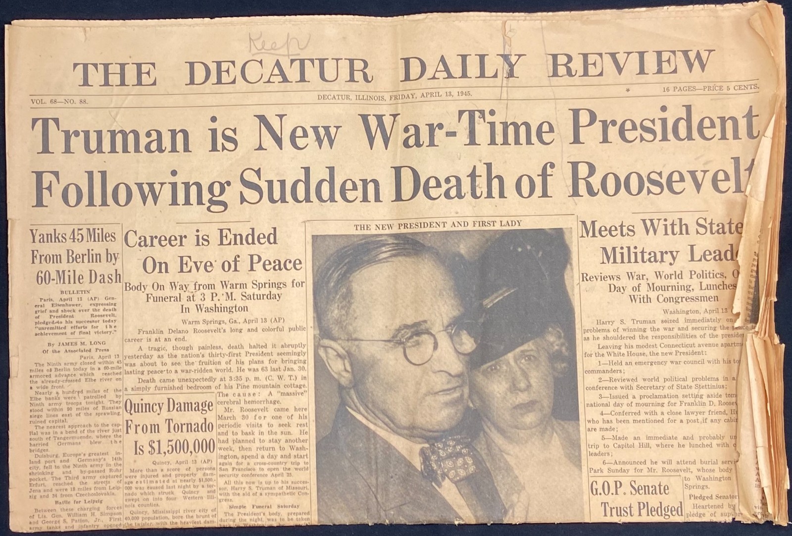 DECATUR Illinois HERALD April 13, 1945 – Truman Succeeds Roosevelt World War II