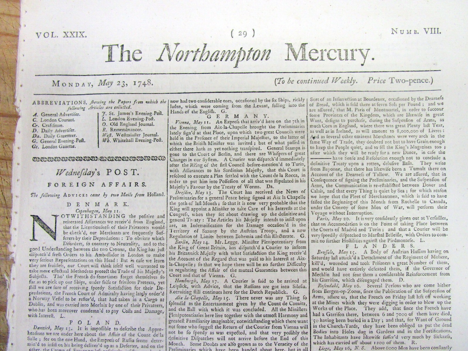 1748 newspaper COLONIAL AMERICAN King Georges WAR ENDS-TREATY of AIX-LA-CHAPELLE