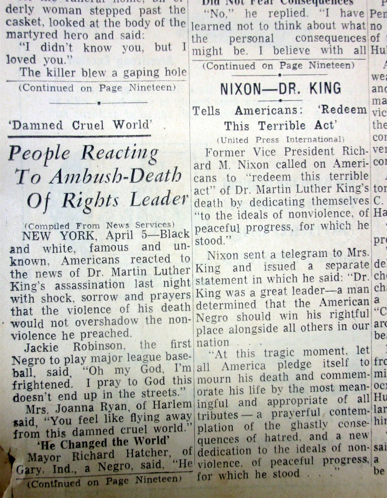 1968 newspaper DR MARTIN LUTHER KING, JR is ASSASSINATED in MEMPHIS Tennessee