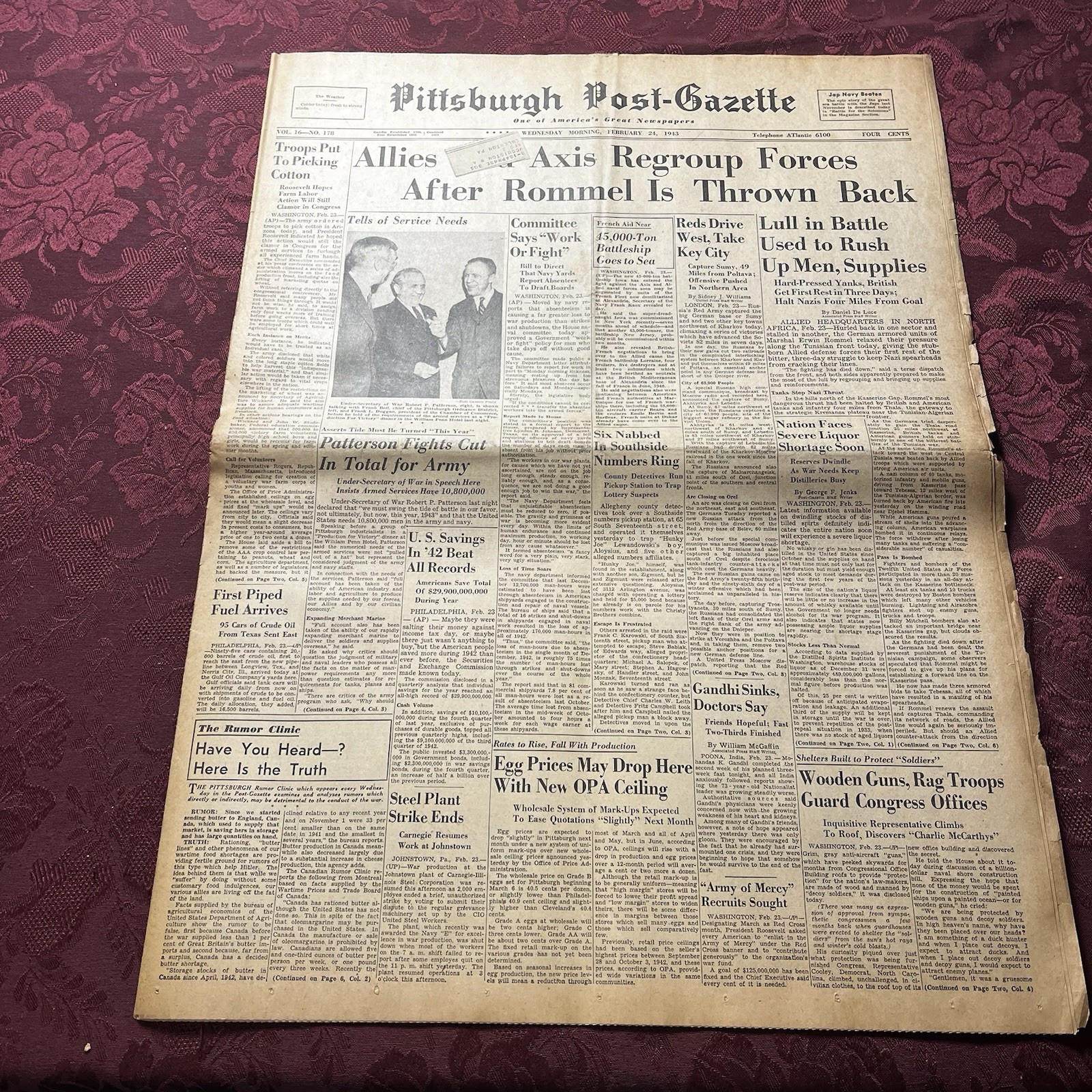 Vintage Pittsburgh Post-Gazette Newspaper 2-24-1943- Allies And Axis Regroup..