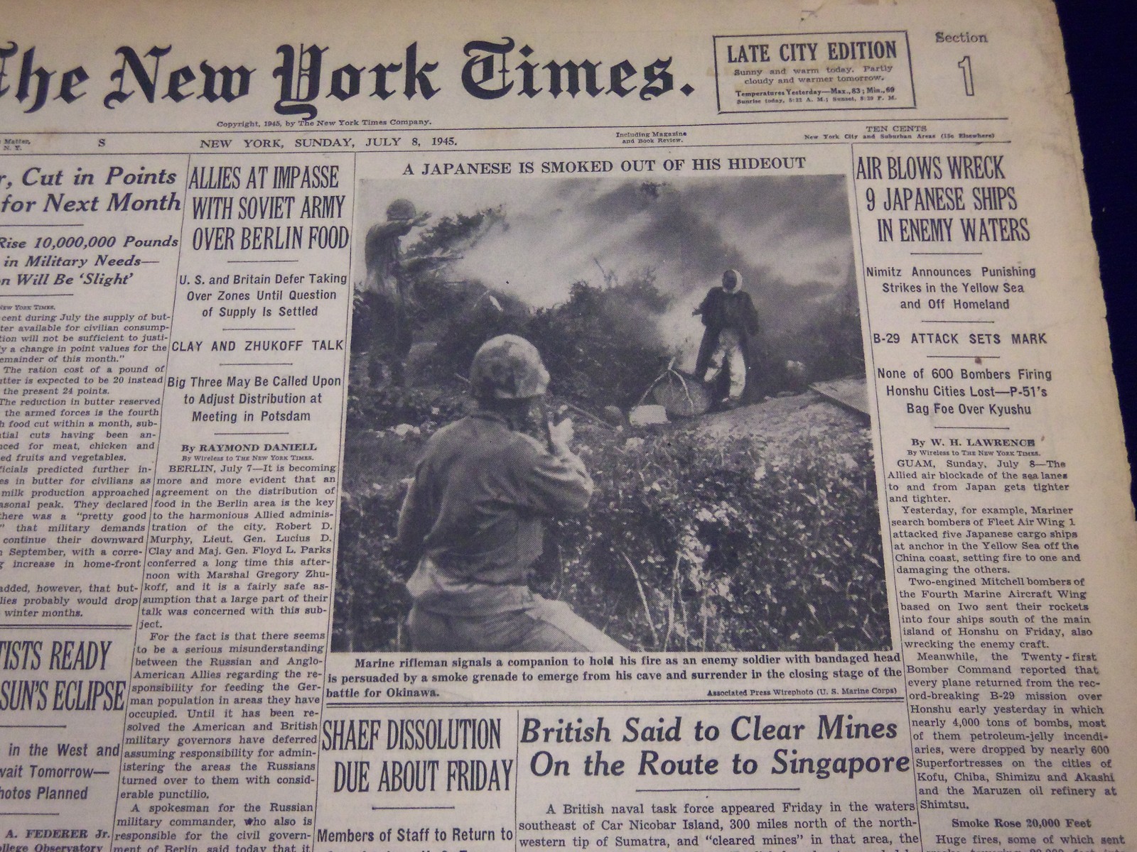 1945 JUL 8 NEW YORK TIMES NIMITZ ANNOUNCES PUNISHING STRIKES YELLOW SEA – NT 391