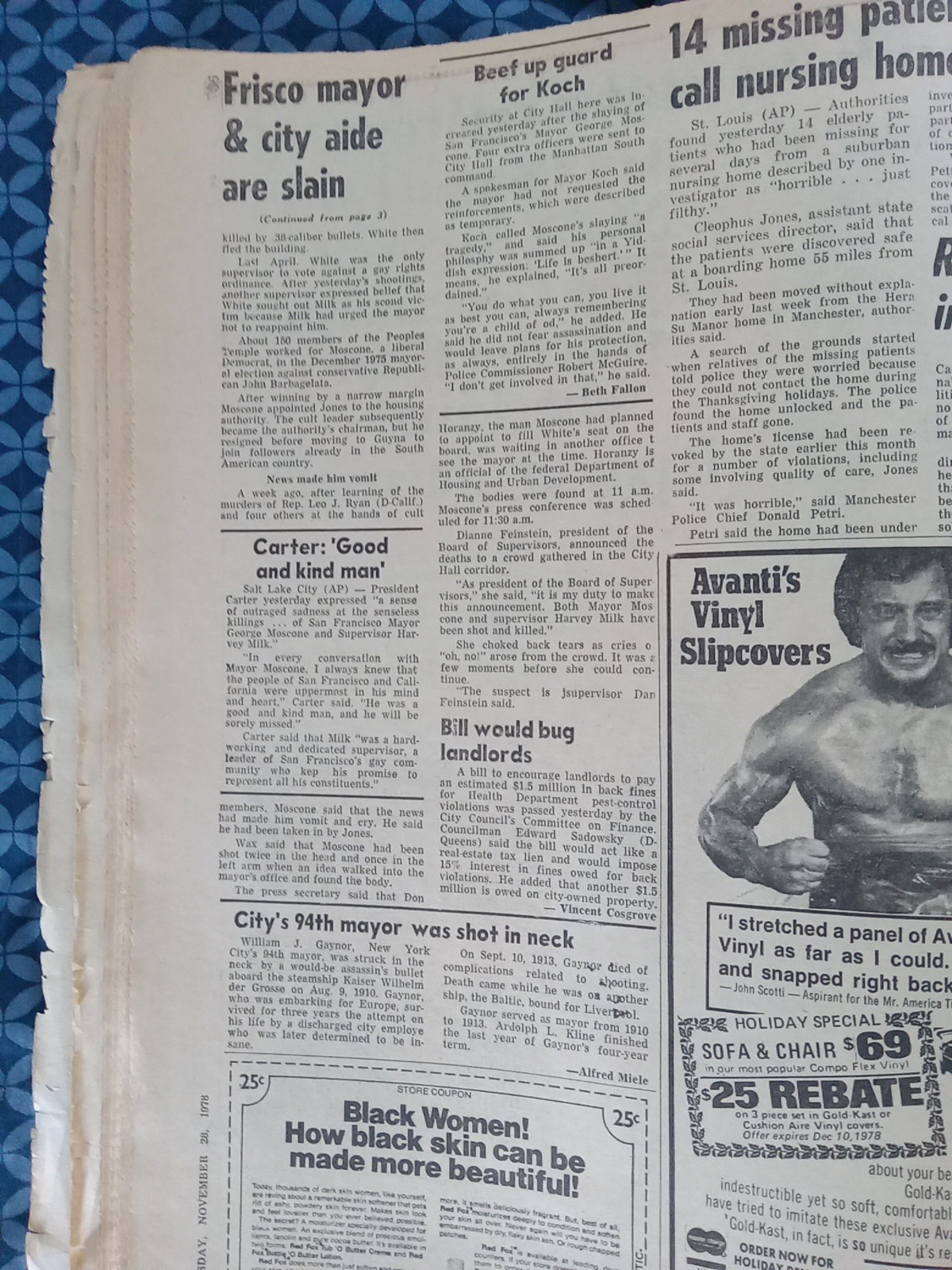 San Francisco Mayor Moscone – Harvey Milk – 1978 New York Daily News Newspaper