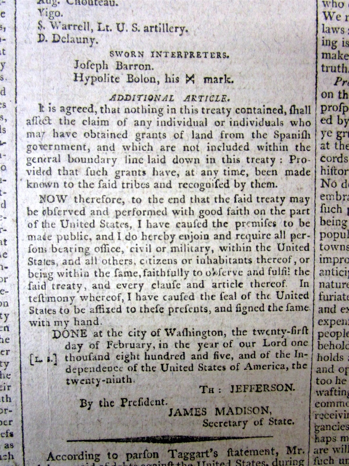 Best 1805 display newspaper NATIVE AMERICAN INDIAN TREATY signd THOMAS JEFFERSON
