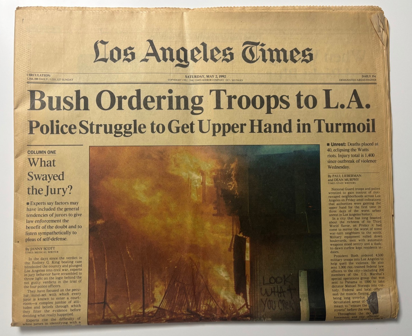 LA Times: May 2, 1992. Bush ordering Troops to LA riots. Rodney King.