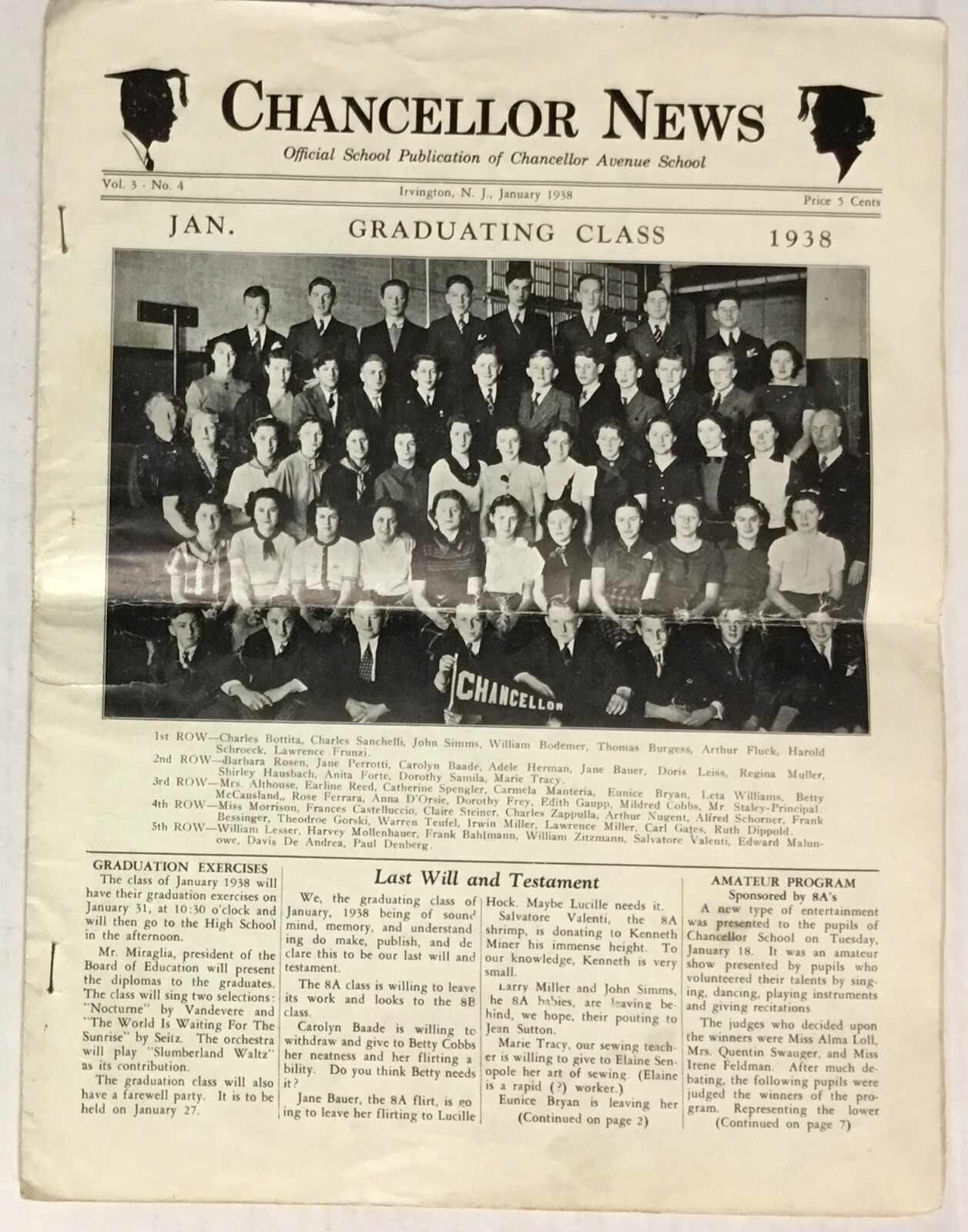 Chancellor News January 1938 Vintage High School Newspaper Good condition
