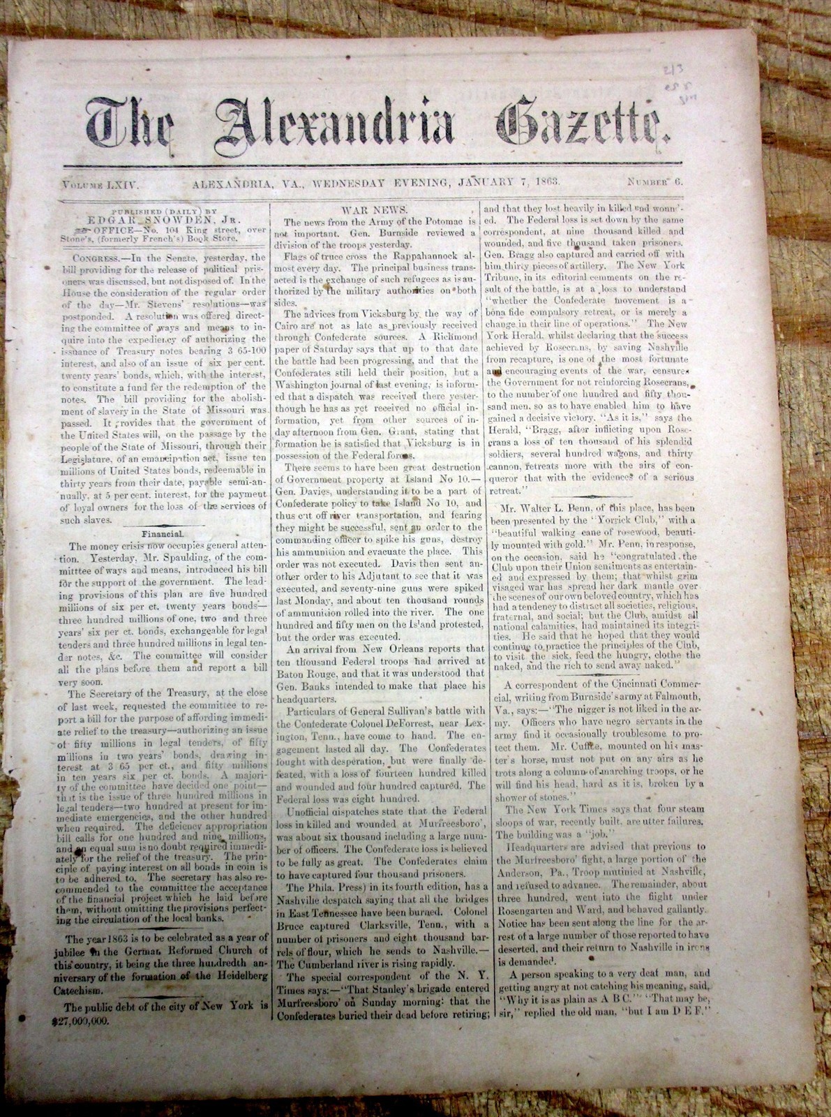 1863 Alexandra VIRGINIA Civil War newspaper w BATTLE OF MURFREESBORO Tennessee
