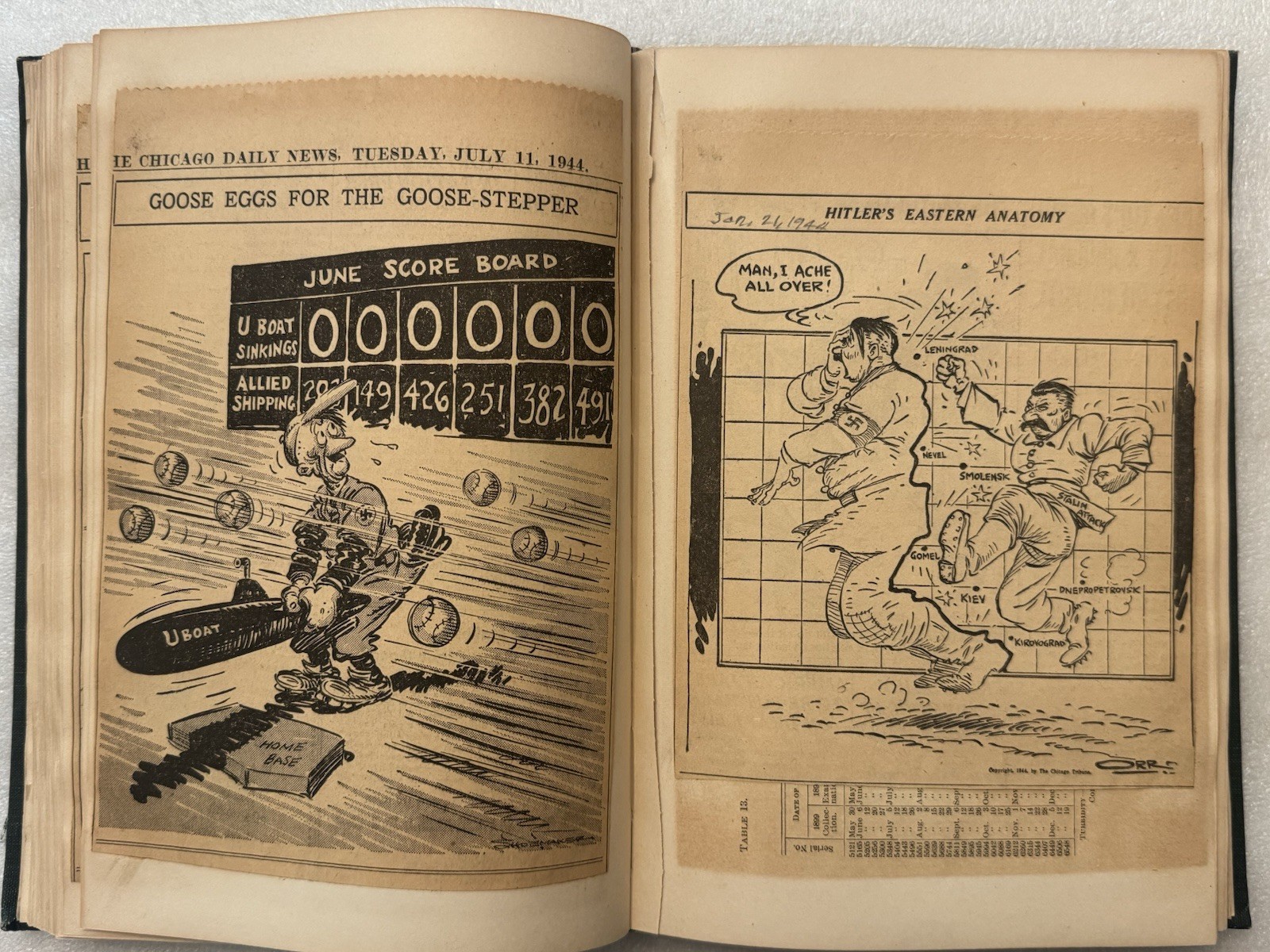 1944-1946 WW2 Newspaper Scrapbook Chicago Tribune Political Cartoon Hand Colored