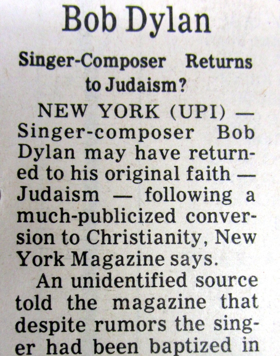 1982 newspaper with Rumor of BOB DYLAN returning to JUDAISM from CHRISTIANITY