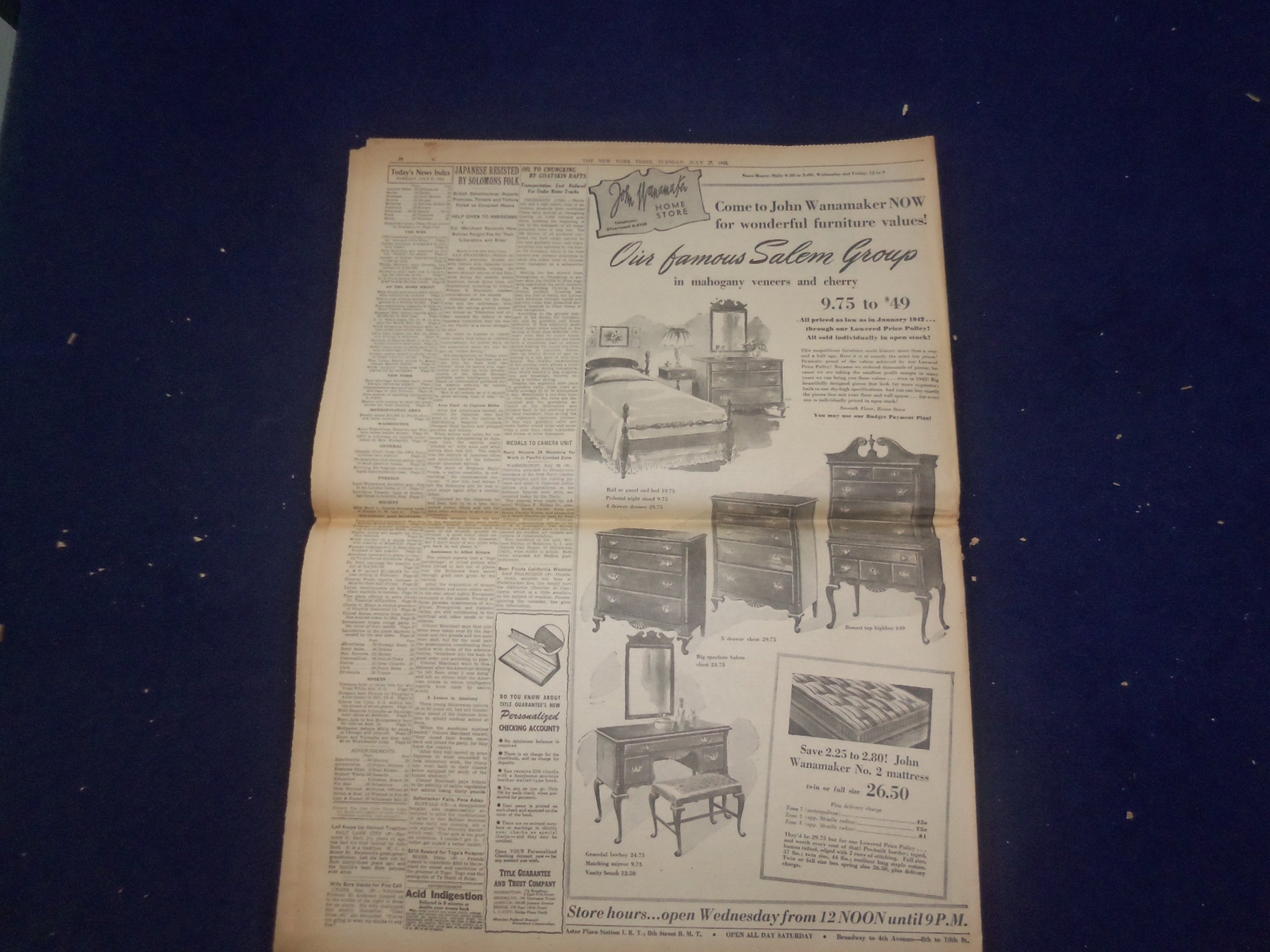 1943 JULY 27 NEW YORK TIMES – ITALY PUT UNDER MARTIAL LAW BY BADOGLIO – NP 6546