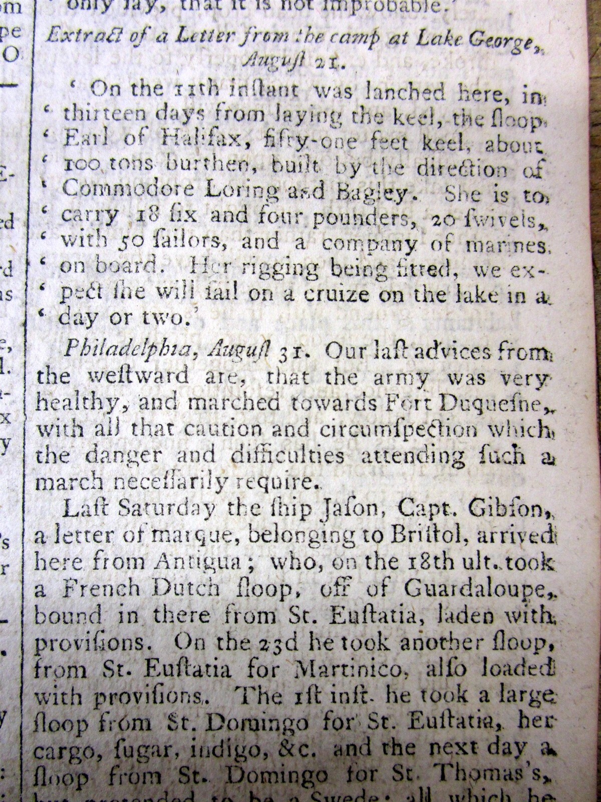 1758 FRENCH & INDIAN WAR newspaper FORT FRONTENAC CAPTURED Siege of Louisbourg