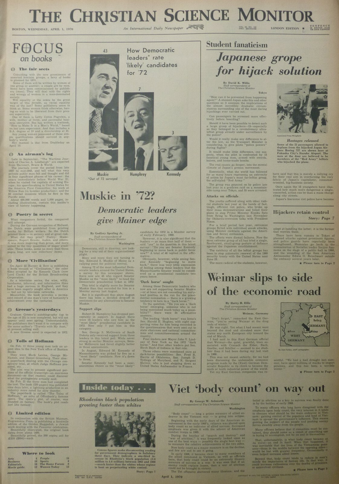 VIETNAM BODY COUNT DEMOCRATIC LEADERS JAPAN HYJACK April 1 1950 CS Monitor