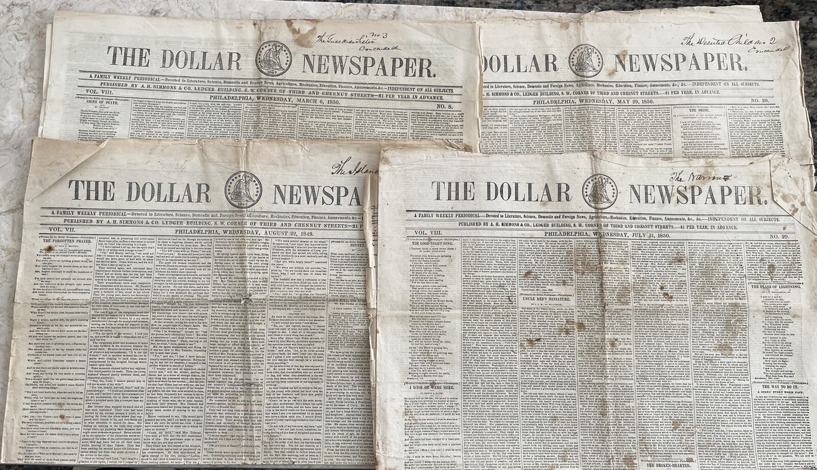 The Dollar Newspapers 1849 – July 1850 Set Of 4 Philadelphia Rare Gold Rush