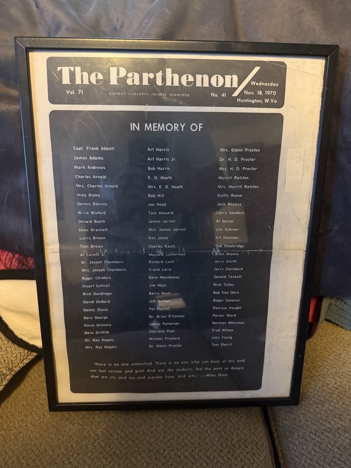 Marshall Thundering Herd Plane Crash Memorial Newspaper Parthenon November 1970