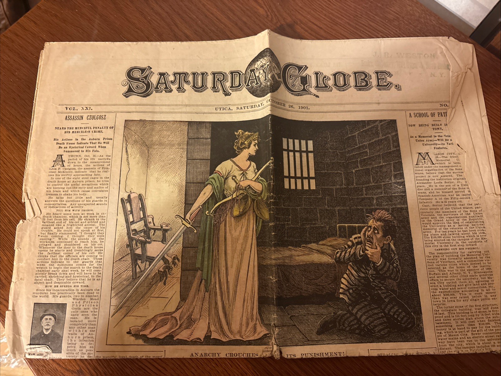 Newspaper Utica Saturday Globe 10/26/1901 McKinley Assassination Czolgosz Jailed