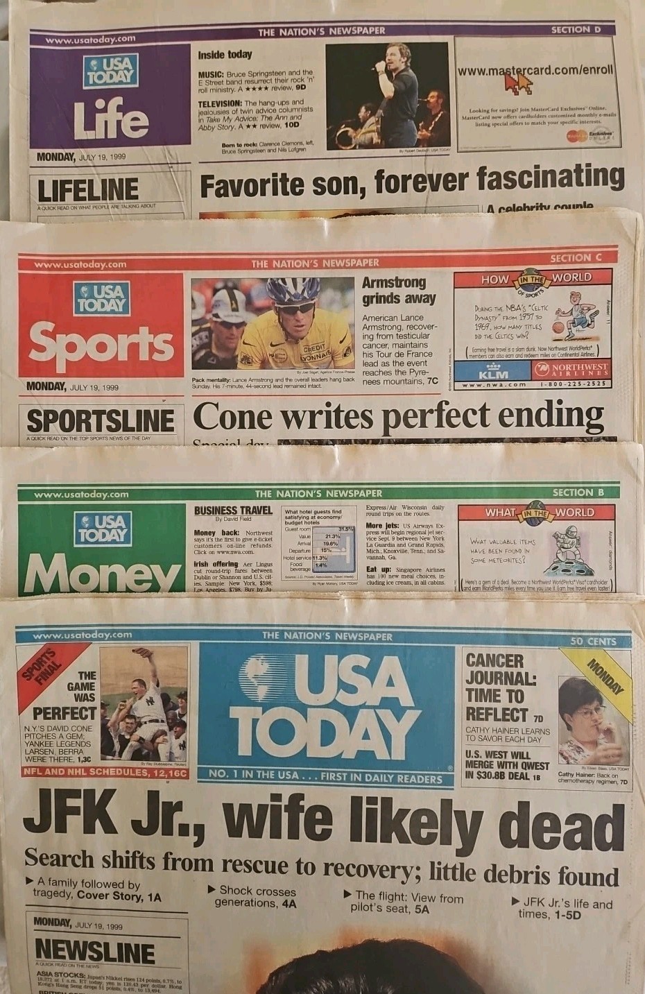 USA TODAY – July 19, 1999 – “JFK Jr, Wife Likely Dead” Plane Crash