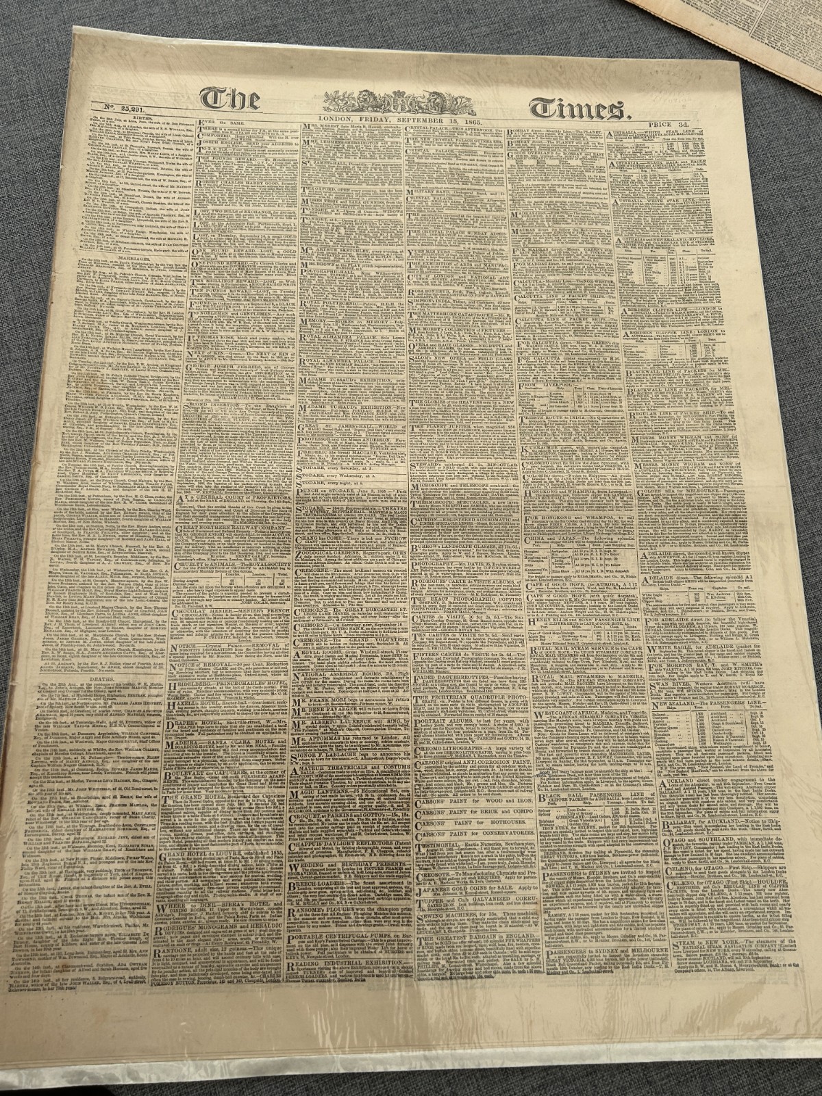 Victorian 1865 The Times London Newspaper Cholera Italy American Civil War Rare