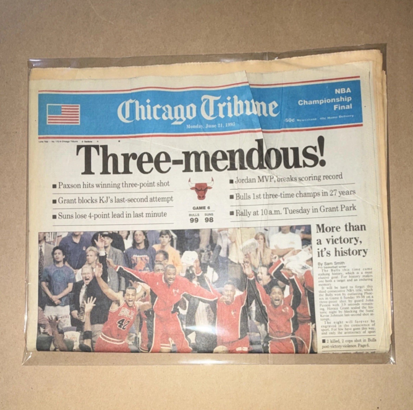 Chicago Tribune June 21 1993 “Three-mendous!” NBA Finals Chicago Bulls Win