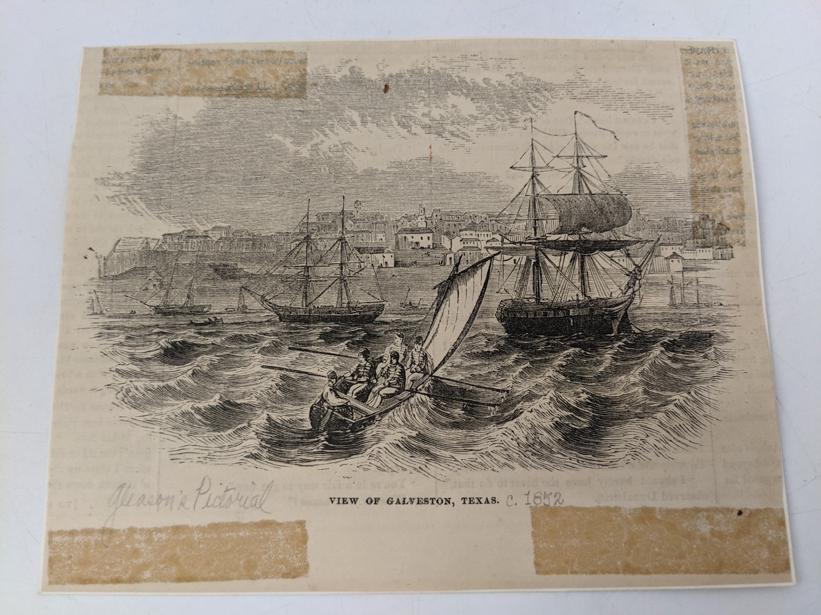 View of Galveston Texas C 1852 Original Wood Engraving from Gleasons Ships Boats