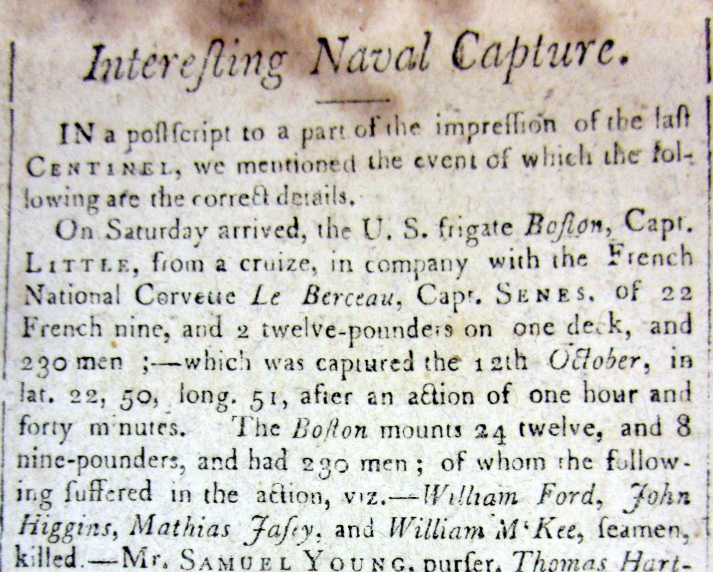 1800 hdlne newspaper w BATTLE inTHE UNDECLARED NAVAL WAR between the US & FRANCE