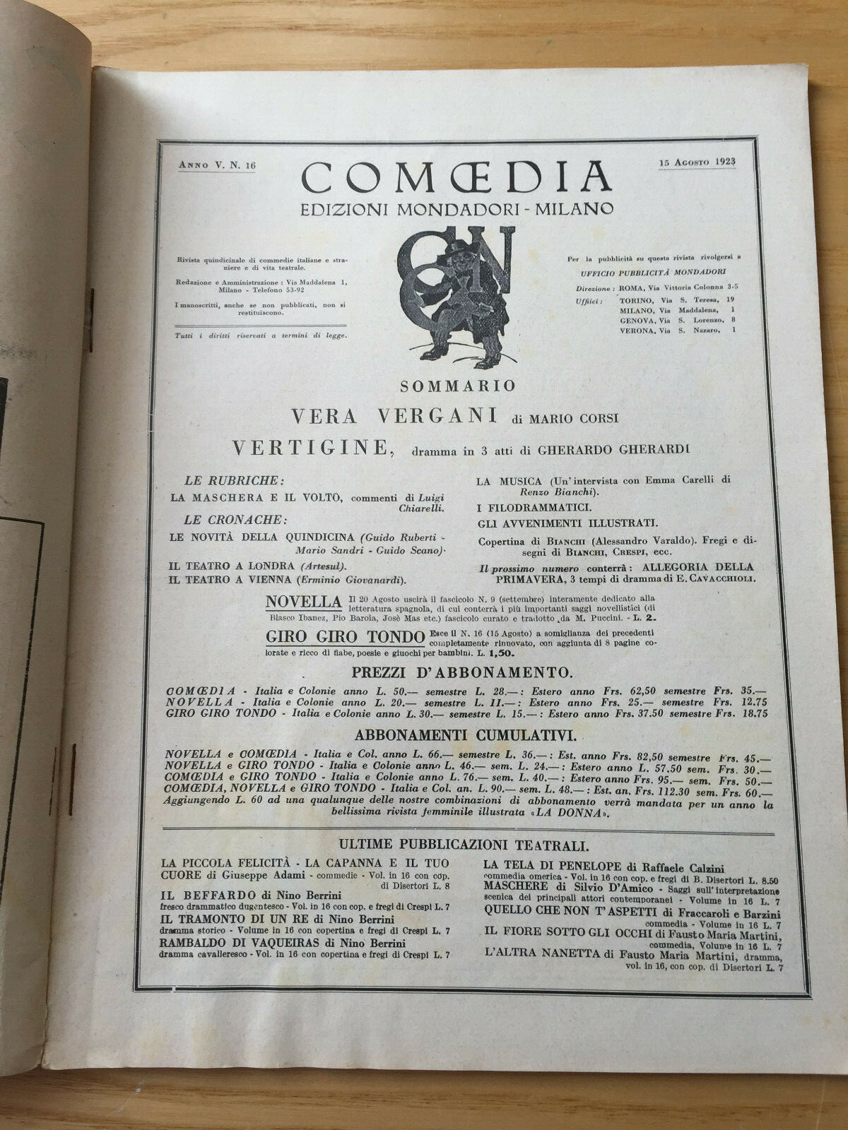 MONDADORI COMEDIA PERIODICO COMEDIA E VITA THEATRALE N° 16 1923 GHERARDI 02/19