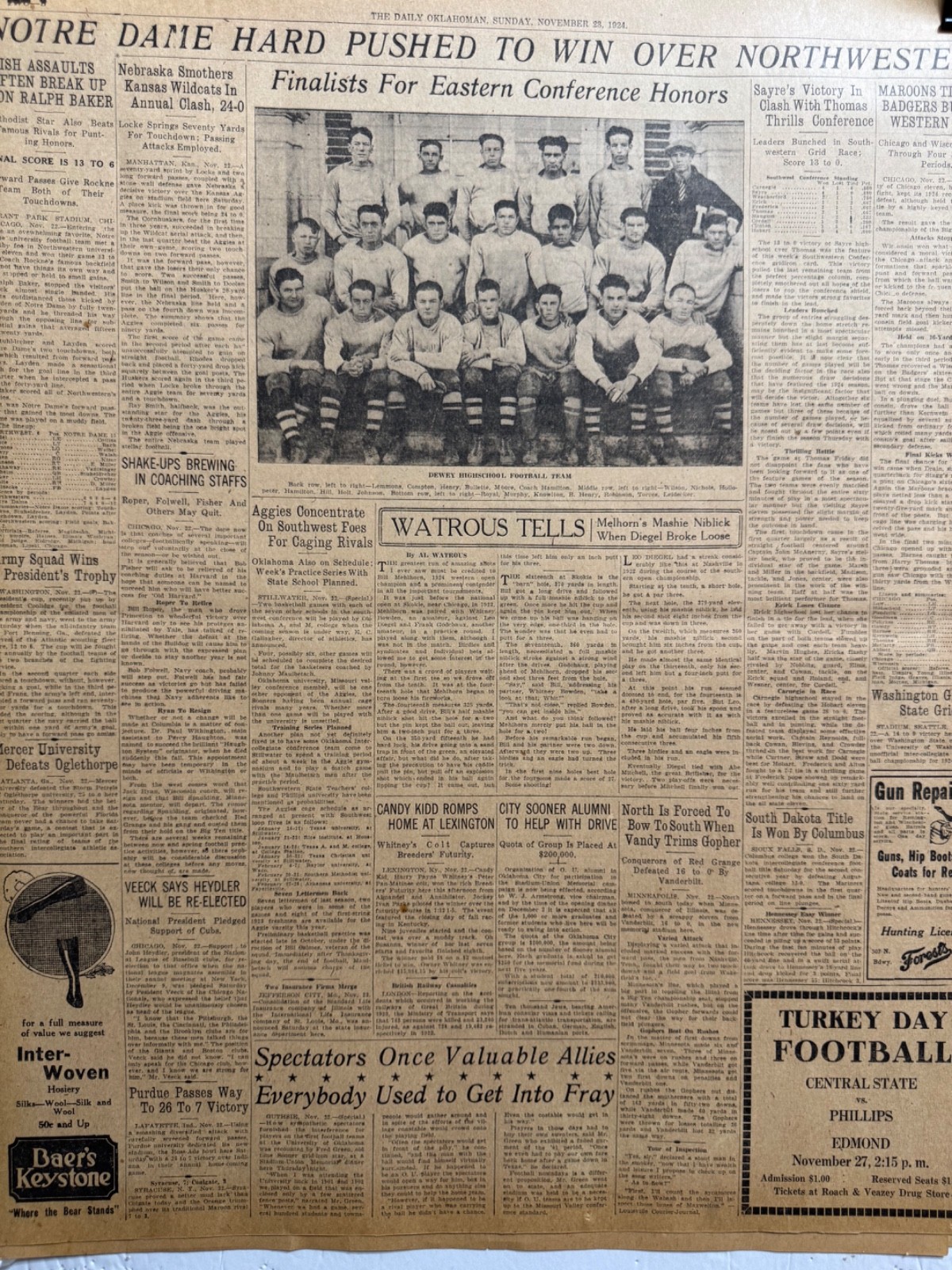 1924 DEWEY, OKLA. HIGHSCHOOL FOOTBALL TEAM OKLA. CITY NEWSPAPER PAGE