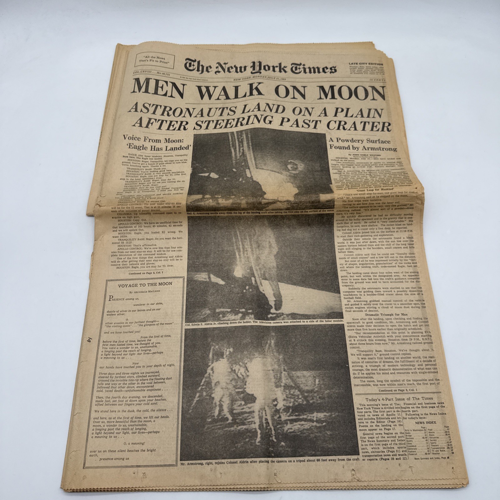 New York Times NY Newspaper: July 21, 1969 “Men Walk on Moon” Late City Edition