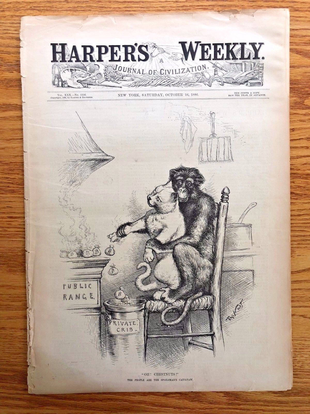 Harper’s Weekly 10/16/1886 Vol. XXX No 1556 Cover Thomas Nast “Oh! Chestnuts!”